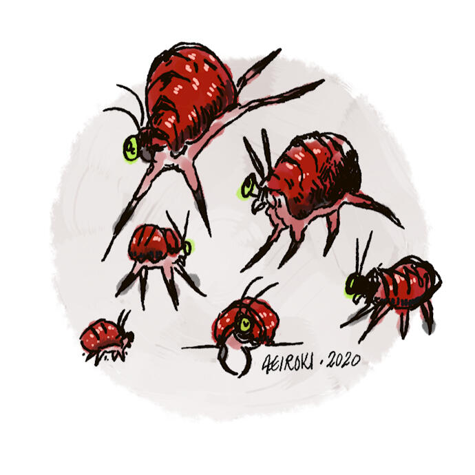 a group of snarks (an alien bug with a red shell-ish body) posed jumping, standing alarmed, slung over a wall, and skittering about.