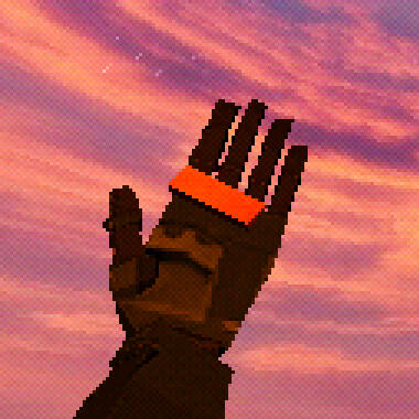the left hand of V1 from ULTRAKILL holding an item you can get in a secret level. a purple and orange dusk sky is visible behind it.
